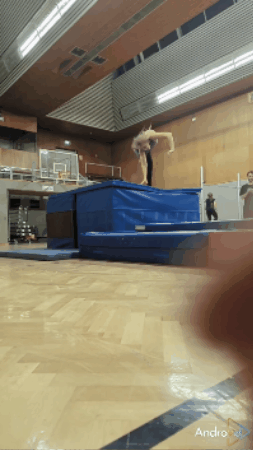 sport, yvonne macht einen Handstandüberschlag über einen Cube im Turnsaal